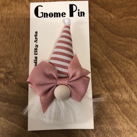 Victorian Gnome Pin Brooch Handmade Gift Guide Bow Magnetic Striped Mauve Girlie - Picture 2 of 4
